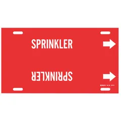 Strap-on pipe marker for identifying sprinkler system piping. Red background with white legend and directional arrows. Fits pipe outer diameters of 8 to 9-7/8 inches. Includes one marker with arrows.