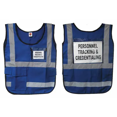 DISASTER MANAGEMENT SYSTEMS Safety Vest: Safety Vest ANSI Class Class 1, Blue, Nylon - Legend Insert Safety Vest