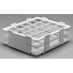 This benchtop test tube rack is made of white polypropylene, offering chemical resistance and corrosion protection. It holds up to 20 test tubes and measures 4 1/8 inches wide, 1 3/4 inches high, and 5 inches long. Suitable for organizing tubes in laboratory settings.
