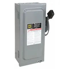 The SQUARE D D322N is a 60 A, three-phase, fusible safety switch rated for 240V AC. It features a galvanized steel enclosure for indoor use. This switch provides a means to safely disconnect electrical power for maintenance or emergency shutdown in three-phase systems.