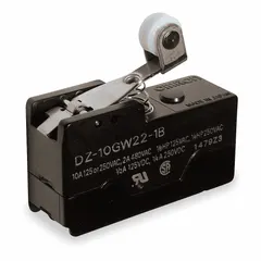 Snap-action switch with hinge roller lever actuator from the OMRON DZ series. Features 3 normally open and 3 normally closed contacts with screw electrical connection. Rated for 2 A at 480 V AC. Used for position sensing and limit control in industrial machinery, conveyors, and packaging equipment.