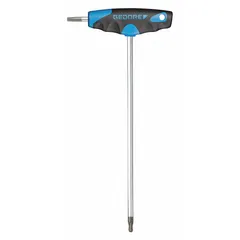 T-shaped dual-tip ball end Torx key with T25 tip size. Made from long alloy steel with a chrome finish. Single ball end allows angled access to fasteners. T-handle design provides improved torque and grip for tightening or loosening T25 Torx fasteners.