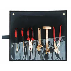 This nonsparking tool set includes six pieces: tongue and groove pliers, Phillips screwdriver, adjustable wrench, and pry bar, all stored in a tool roll. Designed for use in hazardous environments where sparks from standard tools could ignite flammable gases, vapors, or dust. Suitable for maintenance and repair tasks in oil refineries, chemical plants, grain facilities, and other explosive atmospheres.