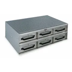 Silver aluminum bed-mount storage drawer system with 6 drawers. Overall dimensions: 36 in wide, 26 in deep, 12 in high. Designed for organizing tools and parts in service trucks or vans, providing accessible and secure storage for mobile maintenance and field service applications.