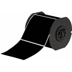 Thermal transfer precut label roll cartridge containing 300 labels, each 4 in x 4 in, with rubber permanent adhesive. Compatible with BBP33 printer series. Used for industrial labeling applications such as asset tracking, safety signs, and cable marking.
