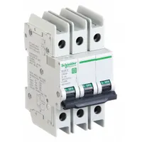 This 3-pole miniature circuit breaker features a D-curve trip characteristic for applications with high inrush currents, such as motor and transformer circuits. Rated 1A with a maximum interrupting rating of 14kA at 120/240V AC, it uses screw clamp terminals for secure wiring. Suitable for DIN rail mounting in distribution panels for branch-circuit protection