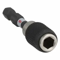 This impact-rated bit holder accepts 1/4-inch hex-shank bits and features magnetic retention to prevent bit drop-out. Suitable for use with impact drivers and drills in fastening tasks.