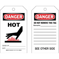 Black danger tags with cable-tie fasteners, supplied in a 10-pack. Each tag includes a 'Hot Signed By: Date:' field for marking. Used to identify hot equipment or hazardous energy sources during lockout/tagout procedures.