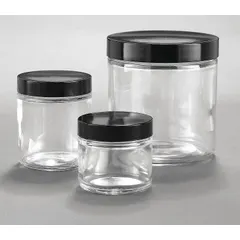 Colorless clear wide mouth round glass lab bottle with a 53-400 mm screw closure. 60 mL capacity, 55 mm body diameter. Not graduated and not pre-cleaned. Suitable for general laboratory use such as storing, mixing, or sampling liquids.