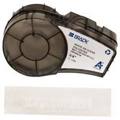 Polyester, clear (gloss) indoor thermal transfer continuous label roll cartridge. Measures 3/4 in x 21 ft. Compatible with BMP21-PLUS printers. Used for asset tagging, cable marking, and general identification.