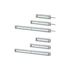 LED rectangular machine tool light with 800 lm max brightness at 6500K color temperature. Operates on 24V DC ±10% with 8.64 W power consumption. Includes bracket mount and 3 m wire lead. Suitable for illuminating work areas on machine tools and industrial equipment.