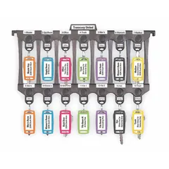 This plastic key rack and binder organizes up to 14 keys in a letter-size filing system. It includes key tags for identification and measures 3/8 inches high by 12 3/4 inches wide by 6 inches deep. Suitable for property management, maintenance departments, and offices requiring compact key storage.