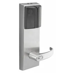 This electronic card read access lockset features a chrome finish and is ADA compliant. It provides keyless entry for commercial doors, suitable for offices, hospitals, and schools requiring secure access control.