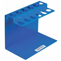 Blue aluminum pipette holder with 10 compartments for organizing up to 10 pipettes on a benchtop. Overall height 6-3/4 in, length 9 in. Suitable for routine laboratory storage and access.