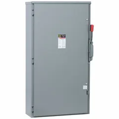This SQUARE D fusible safety switch is rated for 400 A, single-phase, 240V AC applications. The galvanized steel enclosure is suitable for indoor or outdoor use. It is used as a disconnecting means in electrical systems for maintenance or emergency shutdown.