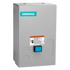 This enclosed non-reversing starter with electronic overload is designed for starting and protecting three-phase AC motors. It features three poles, NEMA Size 00, 9 A rating, and a 24V AC coil. Includes screw terminals, one normally open auxiliary contact, and a pilot light for status indication.