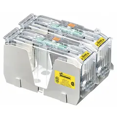 The BUSSMANN JM60400-2CR is a 2-pole, non-indicating fuse block with an open block design, rated 600 V AC. It features box lug terminals for secure wiring connections. This fuse block is used to mount and connect UL Class J fuses in industrial power distribution, motor control centers, and panel boards.