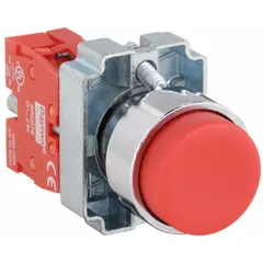 Momentary-action push button with an extended metallic profile for industrial control panels. Features a 22 mm mounting size, 1 normally closed (1NC) contact, and pressure plate terminals. Suitable for applications requiring a non-illuminated actuator for momentary control functions.