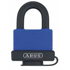 This ABUS padlock from the 89 Series features a brass body with an unfinished blue finish and a stainless steel standard shackle. It provides 15/16 in vertical clearance and is master keyed to code 65402 70IB/45; no master key is included. Suitable for securing gates, lockers, cabinets, and industrial enclosures in indoor and outdoor settings.