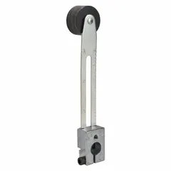 Rotary lever roller actuator with outside offset roller position. Adjustable arm/operator length up to 4 inches. Compatible with 9007AW series limit switches. Used for position detection of moving parts in industrial machinery and automated systems.
