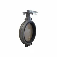 Concentric, wafer-style butterfly valve with a cast iron body and lever handle. Disc is aluminum bronze alloy. Rated for 200 psi CWP. Used for on/off flow control in water, air, and non-corrosive media piping systems.