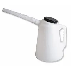 This WESTWARD oil measuring container has a 5 qt fluid capacity and includes graduation marks for accurate measurement. It features a flexible 8 in spout and an overall height of 11 3/4 in. The white container is suited for dispensing and measuring oils, coolants, and other non-corrosive fluids in maintenance and shop environments.
