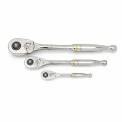 This standard-head ratchet set includes three reversible ratchets with overall lengths of 5 in, 8 1/4 in, and 11 in. Each features a pear-head design and a 4° minimum arc swing for access in confined spaces. The quick-release mechanism allows fast socket changes. Suitable for tightening and loosening fasteners in general mechanical applications.