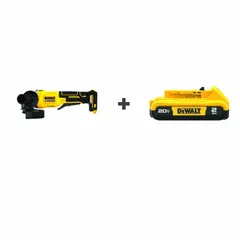 This cordless angle grinder features a 4-1/2 in wheel diameter, brushless motor, standard head, and barrel grip. It operates on a 20V DC battery system with a 2.0 Ah capacity and includes overload protection. Suitable for cutting, grinding, and surface preparation on metal and masonry in industrial maintenance, fabrication, and construction tasks.