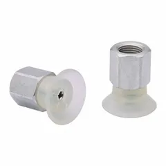 This flat-type vacuum pad assembly is designed for fast handling in food processing and packaging automation. It features an M5 vacuum port and a 16.8 mm pad diameter, constructed from food-grade silicone rubber with a hardness of 55 A. Suitable for direct contact with food items during pick-and-place, packaging, and sorting operations.