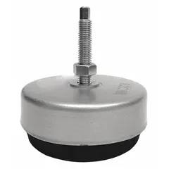 This vibration-damping male leveling mount features an M20 threaded stud, 7.5-inch length, and 8,900 lb load capacity. The nickel-plated finish and round base provide corrosion resistance and stability. Includes a locking nut for secure installation. Used for leveling and stabilizing heavy machinery such as presses, conveyors, and CNC equipment while reducing vibration and noise.