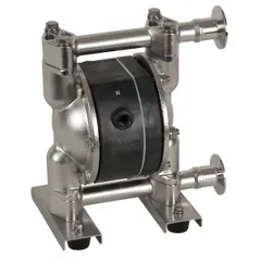 This Dayton FDA-compliant air-operated double-diaphragm pump features a 316 stainless steel construction with PTFE check valves and 316 SS seat material. It has a 1-inch Tri-Clamp connection, delivers 14 gpm, and achieves a maximum head of 231 ft. Typical applications include sanitary fluid transfer in food, beverage, pharmaceutical, and other hygienic processing environments.