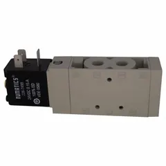 This AVENTICS L1 series directional control valve is a single solenoid, spring return, four-way/two-position valve with a locking mechanism. It operates on 110 to 120V AC power and is used to direct compressed air in pneumatic systems for actuating cylinders and other air-operated equipment.