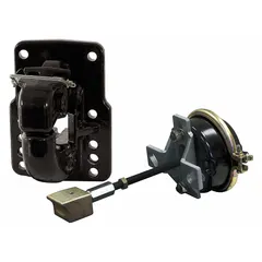 Steel pintle hook with powder-coated finish. Rated for 100,000 lb gross trailer weight. Air-compensated design reduces shock loads during towing. Suitable for heavy-duty trailer connection in construction, mining, and industrial transport.