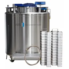 This cryogenic storage system is constructed of stainless steel with a 45 in overall diameter. It includes a keyed lid lock for secure access. Used for long-term, low-temperature preservation of biological samples in laboratory and biobank environments.