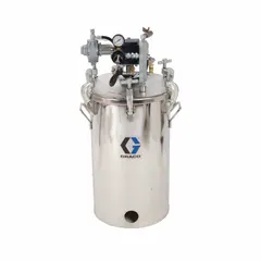 This GRACO paint pressure tank has a 10-gallon capacity and a maximum operating pressure of 100 psi. It includes an agitator for consistent material mixing. The tank has a 19-inch outside diameter. Typical applications include industrial painting and coating operations where uniform material delivery under pressure is required.