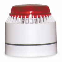 Wall-mount horn alarm with xenon strobe light. Operates on 18 to 28V DC. Beacon operates jointly with any tone selected. Overall length 3 1/2 in, width 3 19/32 in. Suitable for audible and visual signaling in industrial and safety systems