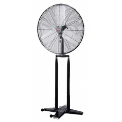 This Dayton pedestal fan is designed for industrial air circulation and cooling in workshops, warehouses, and factories. It features a 30-inch blade diameter, a 1/4 hp motor, two speeds, and an oscillating function to move large volumes of air across open spaces. The fan operates on 120V AC, single-phase power.