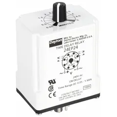 Socket-mounted single-function time delay relay with on-delay operation. Rated 240V AC and 10 A with 8 pins/terminals. Used in industrial control panels, HVAC systems, and automation equipment to delay output activation after power is applied.
