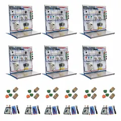 Freestanding training system for hands-on instruction in variable frequency drives. Includes six VFD Bugging Kits, selector switches, and a Student's Guidebook. Suitable for industrial training programs, technical schools, and maintenance teams learning VFD troubleshooting and operation.
