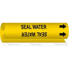Yellow wrap-around pipe marker with black 'Seal Water' legend and directional arrows. Fits pipe outer diameters from 2-1/2 to 7-7/8 inches. Used to identify pipes carrying seal water in industrial piping systems.