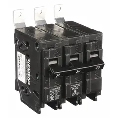 The SIEMENS B330 is a 3-pole, 30 A bolt-on miniature circuit breaker rated for 240V AC with a 10 kA maximum interrupting rating. Part of the B Series, it provides overcurrent protection for branch circuits in industrial electrical distribution systems and is designed for use with Siemens panelboards.