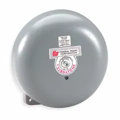 This bell alarm from FEDERAL SIGNAL operates on 120V AC and is suitable for both indoor and outdoor use. It produces a clear bell sound for audible signaling in industrial environments, such as for alarms or notifications. The housing is gray.