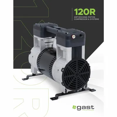 GAST Piston Air Compressor: 2 hp, 1 Phase, 200-240V AC, 145 psi Max Continuous Pressure - Rocking Piston High Flow Compressor/Vacuum Pumps