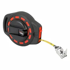 Manual open-reel long tape measure with a steel blade featuring double-sided metric/SAE scales. Graduated in 1/8 in and 1 cm, with a nonmagnetic single hook end. Suitable for measuring long distances in construction, surveying, and industrial layout tasks.
