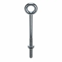 This machinery eye bolt without shoulder is used for lifting, pulling, or securing loads in industrial applications. Made of steel with a zinc-plated finish, it has a 1/4"-20 thread size and 2 in thread length. A nut is included for installation.