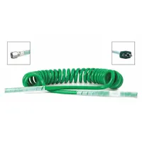 Single-coil oxygen hose with 1/4 in diameter, green color, and straight design. Features brass fittings and a female DISS outlet connection. Compatible with blenders for oxygen delivery in medical or laboratory gas supply systems