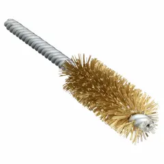 Brass heavy-cleaning brushes for soft metals, 5/8 in diameter with 0.008 in fill diameter. Suitable for deburring, cleaning, and finishing internal surfaces of tubes and bores without damaging the base material. Pack of 10.