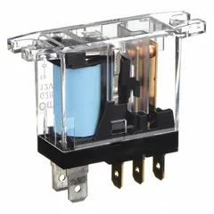 Surface-mounted relay with top flange mounting and square base. SPDT contacts rated 10 A at 250V AC resistive load. 12V DC coil. Quick-connect terminals. Suitable for switching loads in control panels and automation systems.