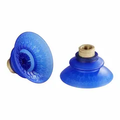 Bellows type vacuum pad assembly with 1.5 folds, 3/8 in NPT connection, and 91 mm pad diameter. Constructed from Elastodur ED in blue with 85 A hardness. Suitable for handling sheet metal, glass, or plastic parts on uneven or contoured surfaces in industrial automation.