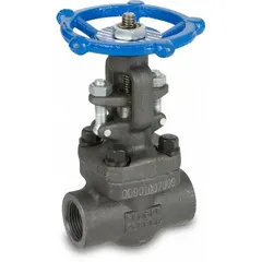 This forged steel gate valve features a rising stem and solid wedge for positive shut-off in high-pressure systems. With socket x FNPT connections and a 1975 psi CWP rating, it is suitable for on/off service in industrial piping applications. The valve is operated by a handwheel and constructed with a forged steel bonnet and 410 stainless steel wedge.
